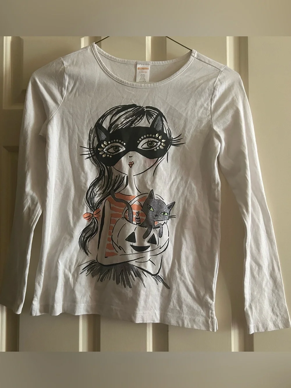 Gymboree White Long Sleeve Graphic Tee Girl Mask Pumpkin Cat Size L 10-12